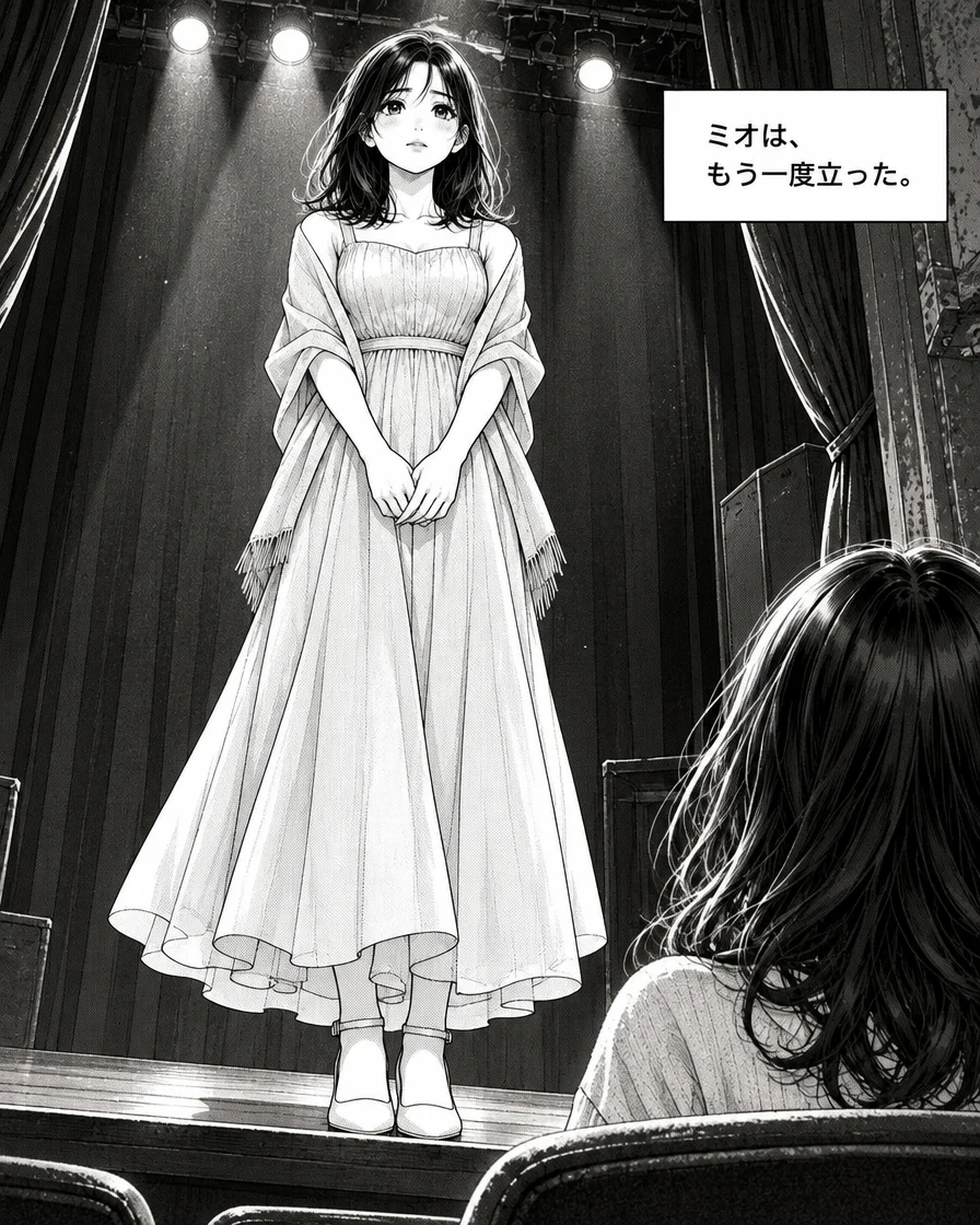 舞台に立つミオと、後ろ姿のハル。「ミオは、もう一度立った。」とある。