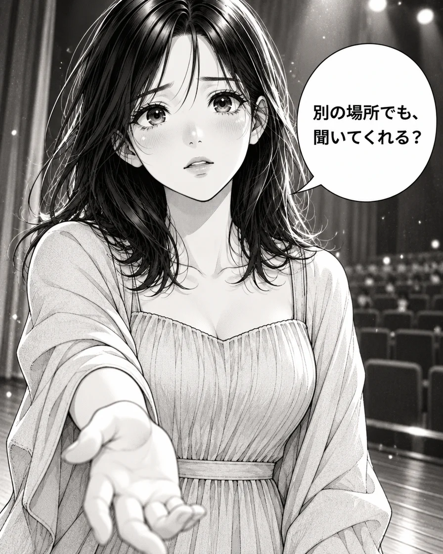 ミオが客席へ手を伸ばし、「別の場所でも、聞いてくれる?」と尋ねる。
