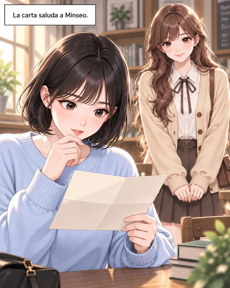 Imagen anterior a la edición: Jiwoo está sentada y sostiene una hoja sin texto legible; el recuadro dice “La carta saluda a Minseo.”. Minseo está de pie detrás de la silla.
