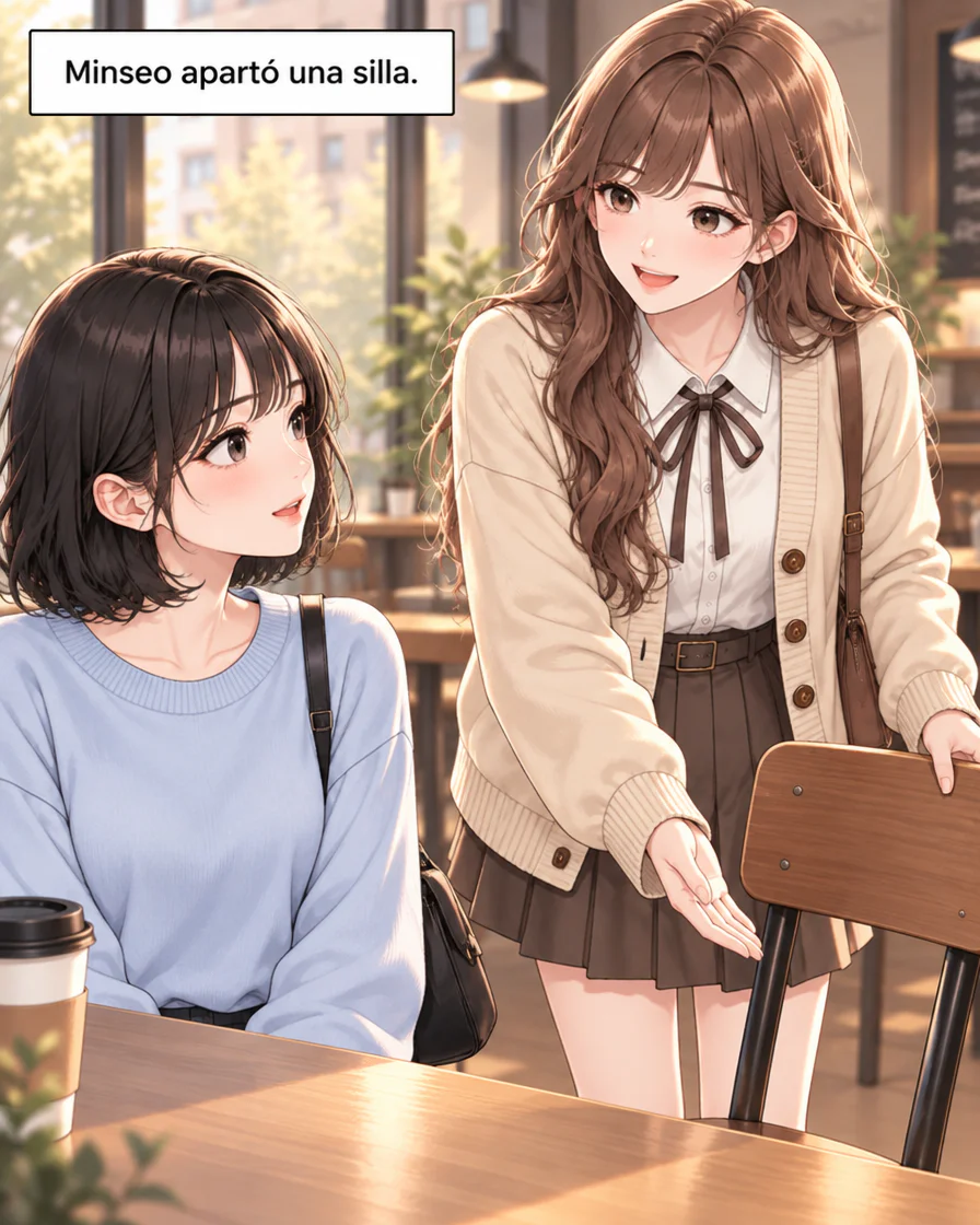Minseo está de pie y señala una silla con la mano mientras Jiwoo ya está sentada. La narración dice “Minseo apartó una silla.”.