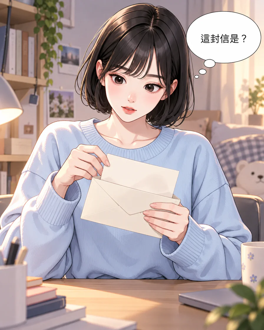 Jiwoo 在室內拿著拆開的信封與紙張,黑色短髮、淺藍上衣,思考框寫著「這封信是?」。