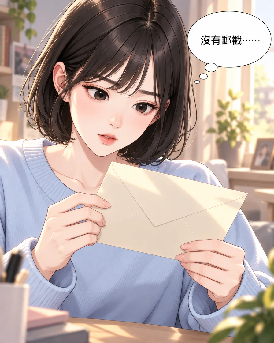 Jiwoo 端詳沒有可見郵戳的信封,思考框寫著「沒有郵戳……」。