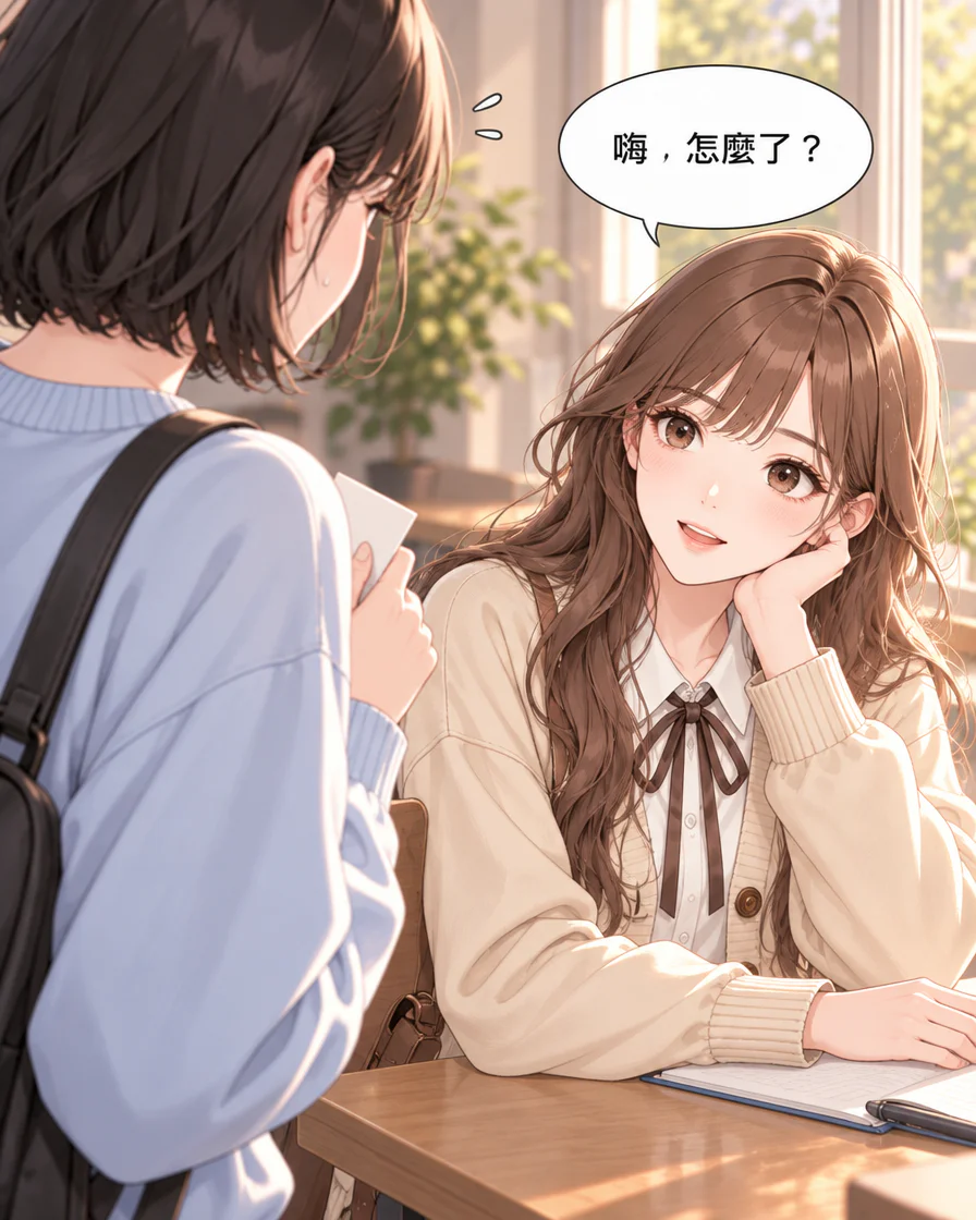 Minseo 坐著抬頭看向身旁站立的 Jiwoo,說「嗨,怎麼了?」;這句對話是改編時新增的內容。