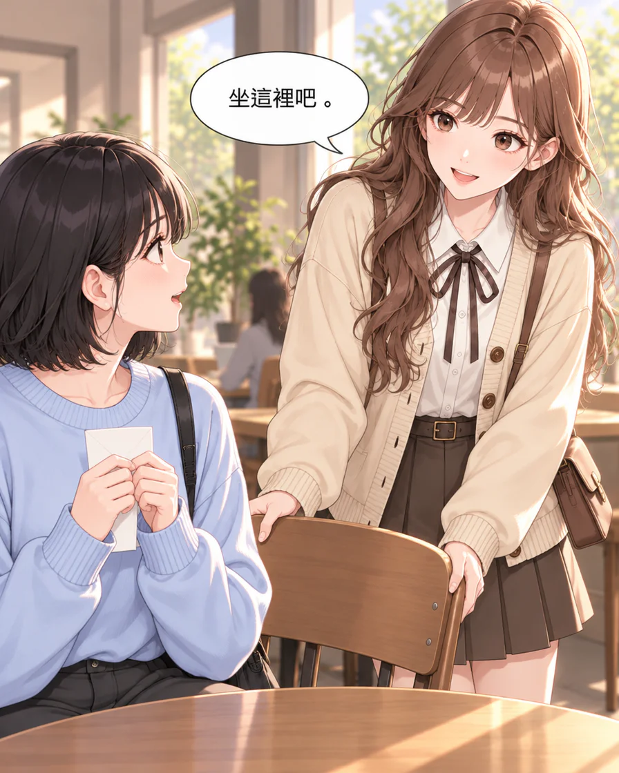 Minseo 站著以雙手扶住椅背並說「坐這裡吧。」,Jiwoo 已經坐在旁邊,仍拿著折好的紙。