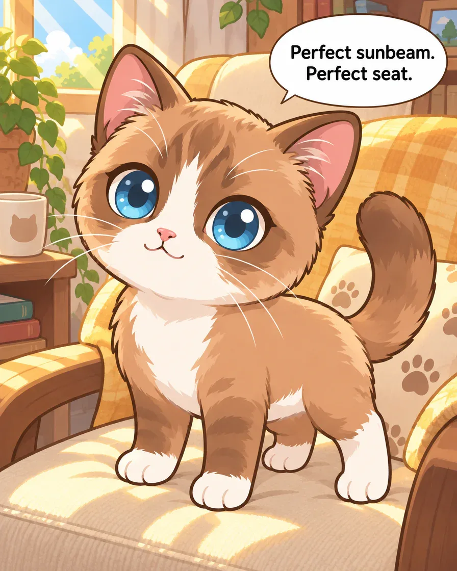 Brown-and-white cat with blue eyes standing on a sunlit yellow checked chair, saying Perfect sunbeam. Perfect seat.