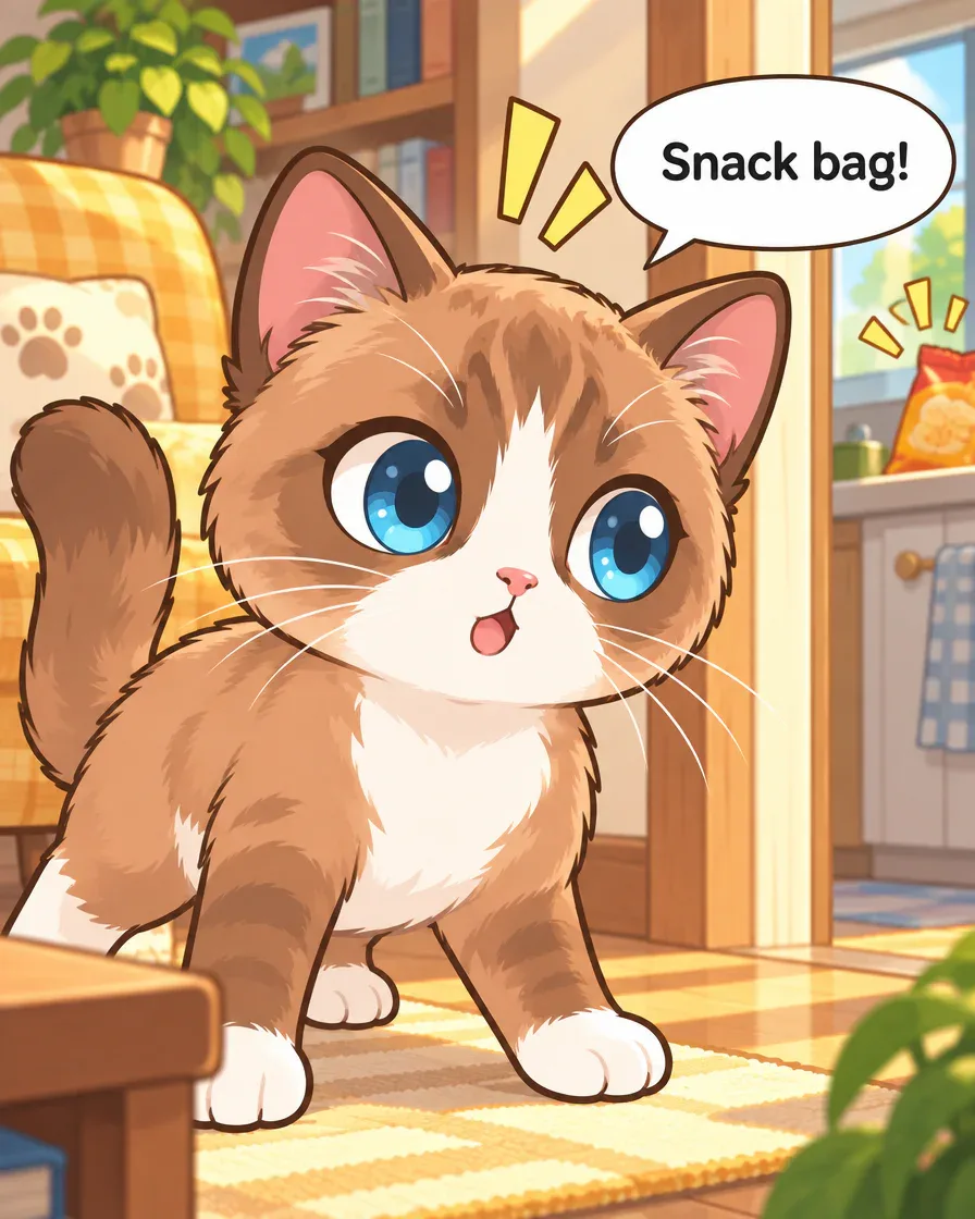Blue-eyed cat reacting beside the yellow chair while an orange snack bag and kitchen doorway are visible, saying Snack bag!