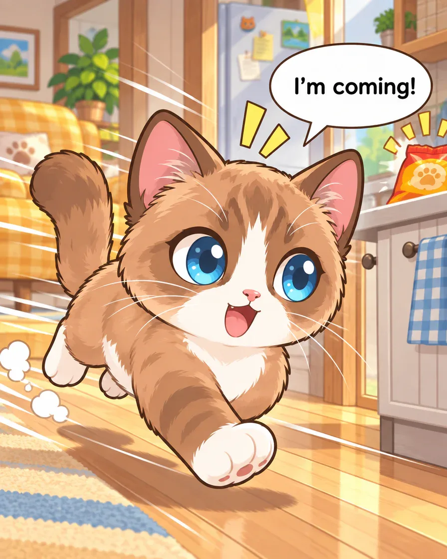 Brown-and-white cat running toward the foreground with speed lines, fridge and snack bag behind, saying I’m coming!