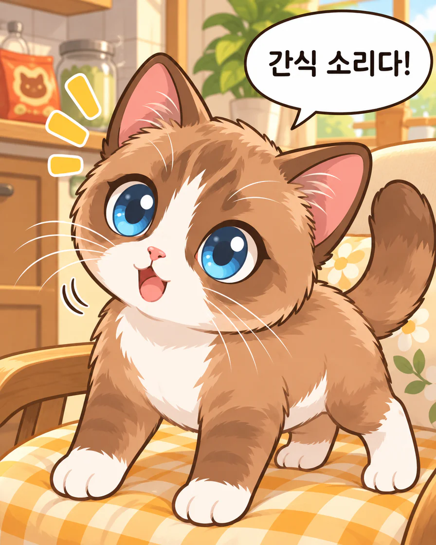 부엌 찬장 앞 의자에서 Browny가 간식 소리다라고 말하는 실제 한국어 두 번째 컷