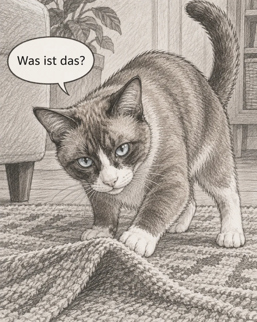 Browny beugt sich über eine Teppichfalte und fragt Was ist das? im ersten deutschen Panel