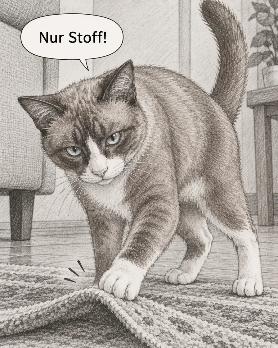 Browny tippt mit einer weißen Vorderpfote auf die Teppichfalte und sagt Nur Stoff! im zweiten deutschen Panel