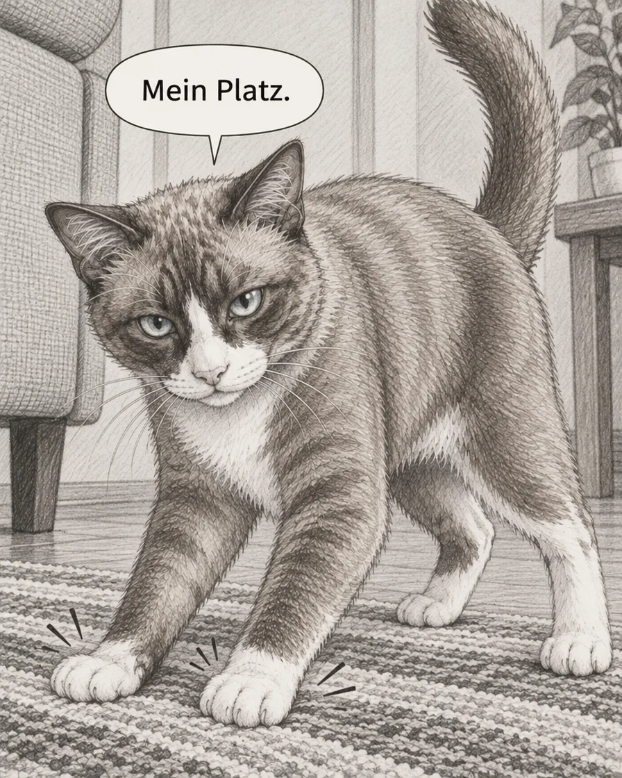 Ursprüngliches deutsches Panel drei, in dem Browny den Teppich glatt drückt und fälschlich Mein Platz. statt Geschafft! sagt