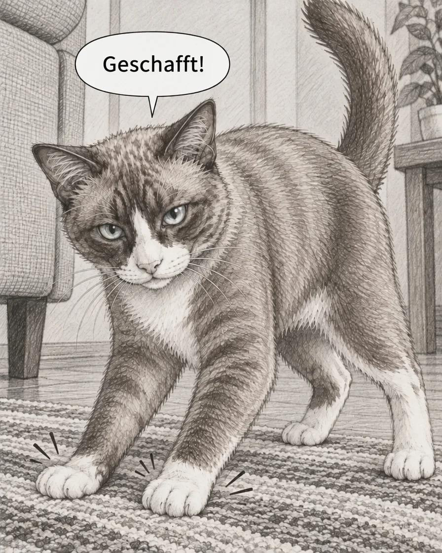 Tatsächlich korrigiertes drittes deutsches Panel, in dem Browny den Teppich mit beiden Vorderpfoten glatt drückt und Geschafft! sagt