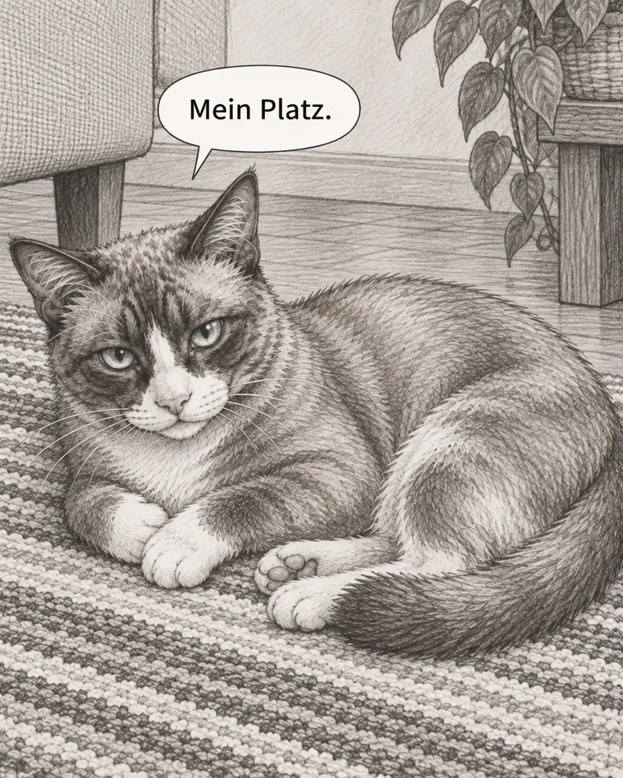 Browny liegt auf dem geglätteten Teppich und sagt Mein Platz. im vierten deutschen Panel