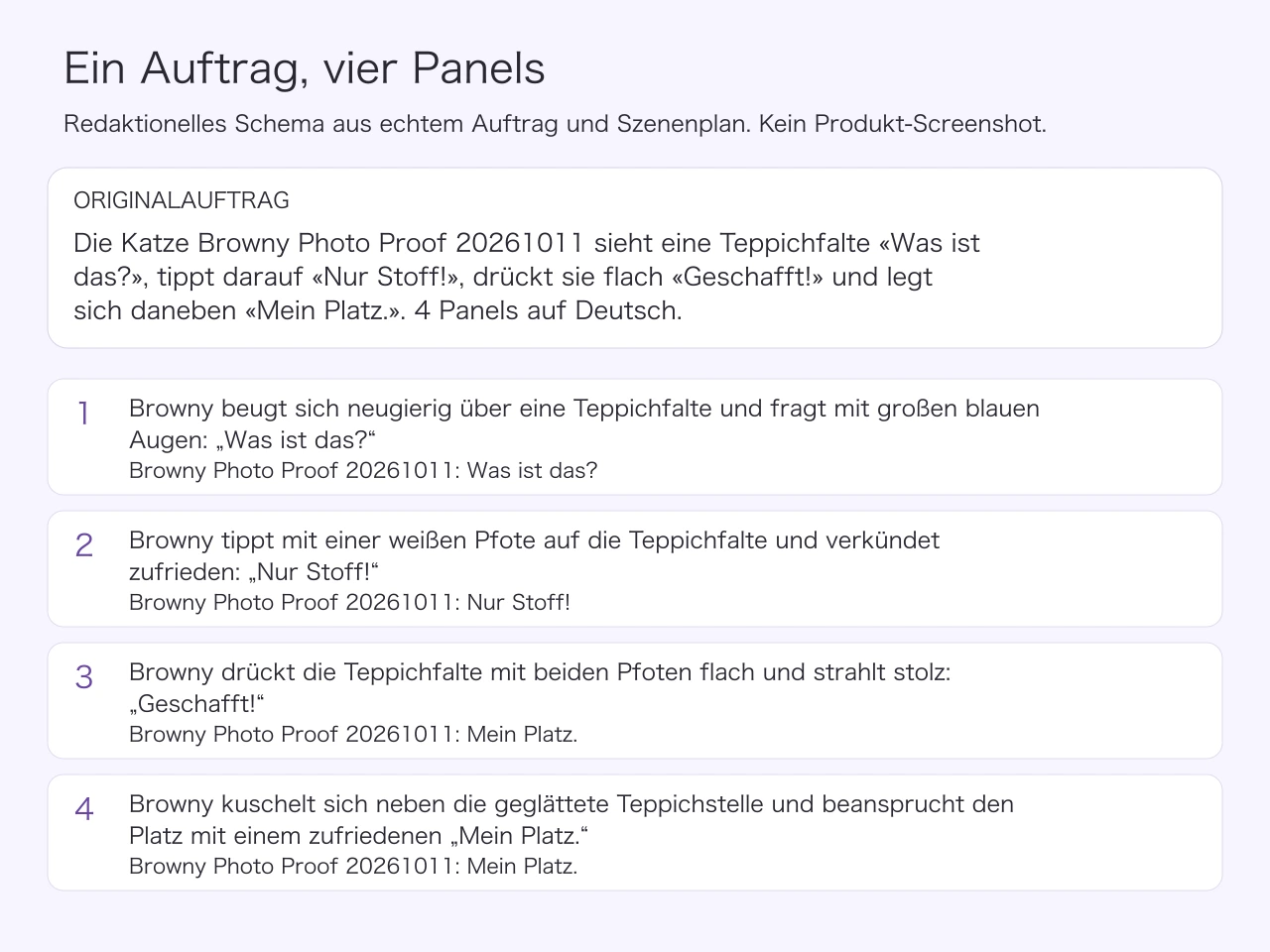 Redaktionelle Grafik der echten deutschen Anfrage und der vier Szenen an einer Teppichfalte