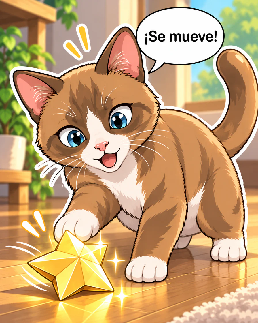 Browny toca la estrella de papel con una pata y dice ¡Se mueve! en la segunda viñeta española