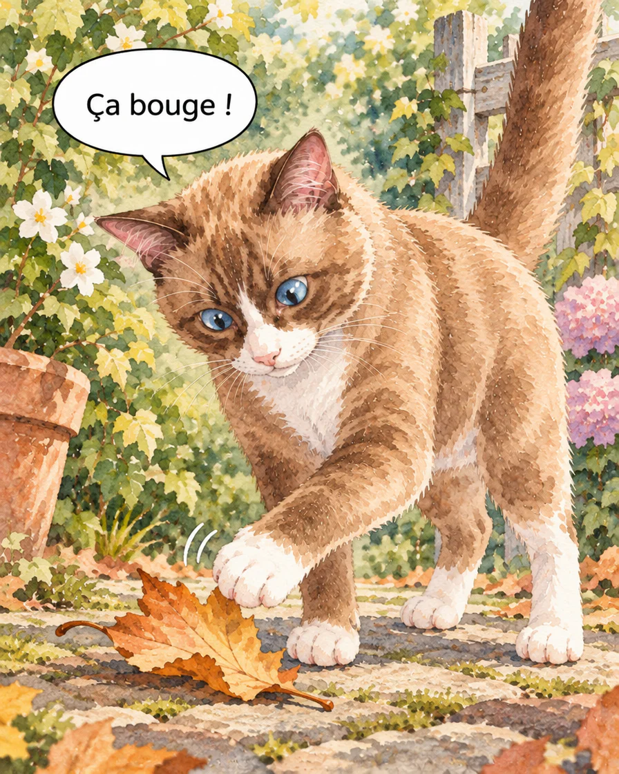 Browny approche une patte de la feuille avec la bulle Ça bouge ! dans la deuxième case française