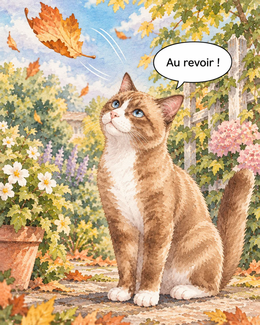 Browny déjà assis regarde une feuille voler avec la bulle Au revoir ! dans la troisième case française