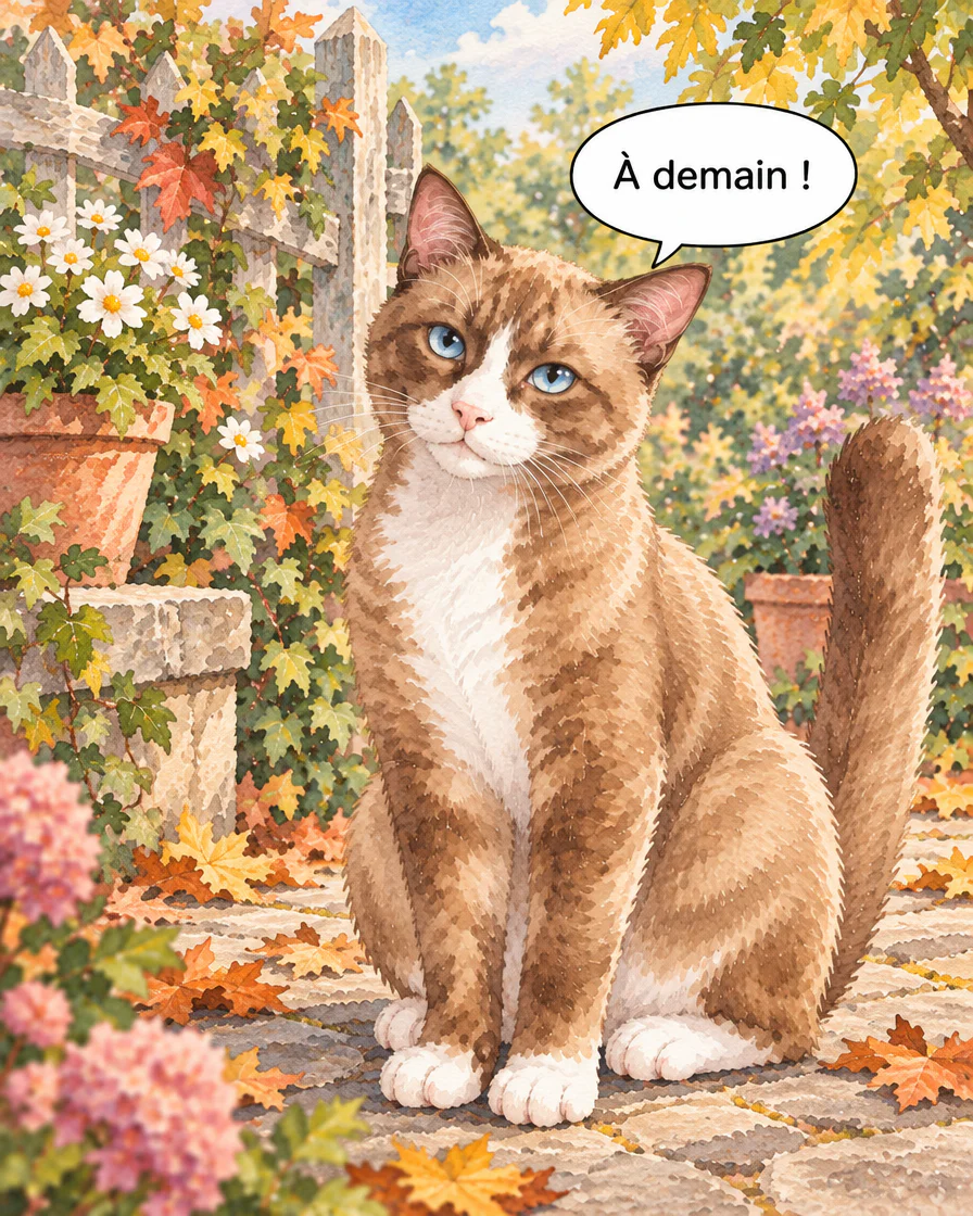 Browny assis face au lecteur dans le jardin dit À demain ! dans la quatrième case française