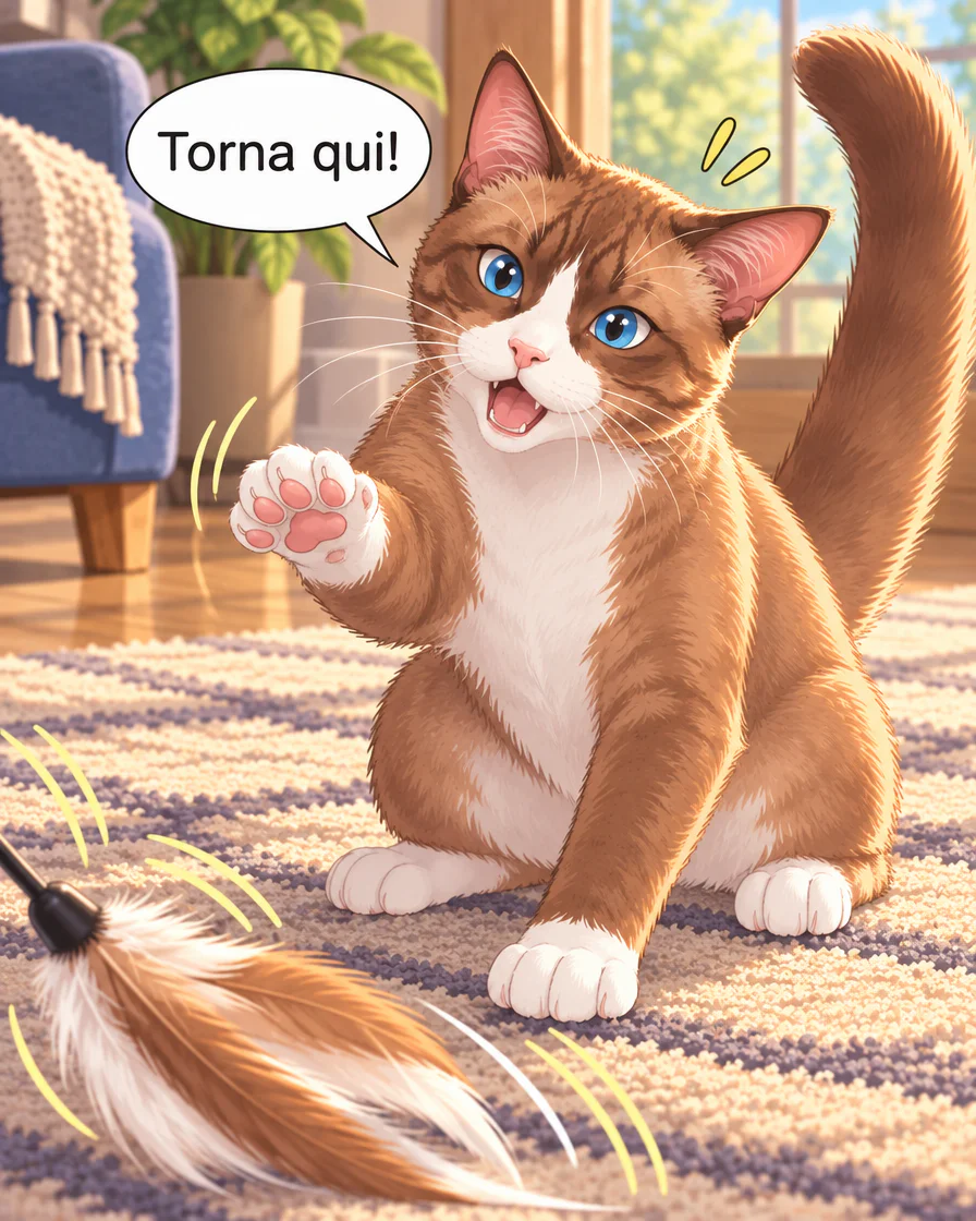 Browny seduto alza una zampa verso il gioco di piume e dice Torna qui! nella quarta vignetta italiana