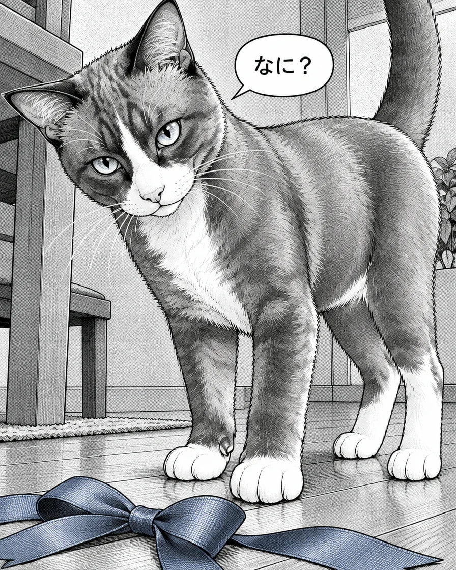 首をかしげたBrownyが結び目のあるリボンを見て、なに?と言う日本語1コマ目