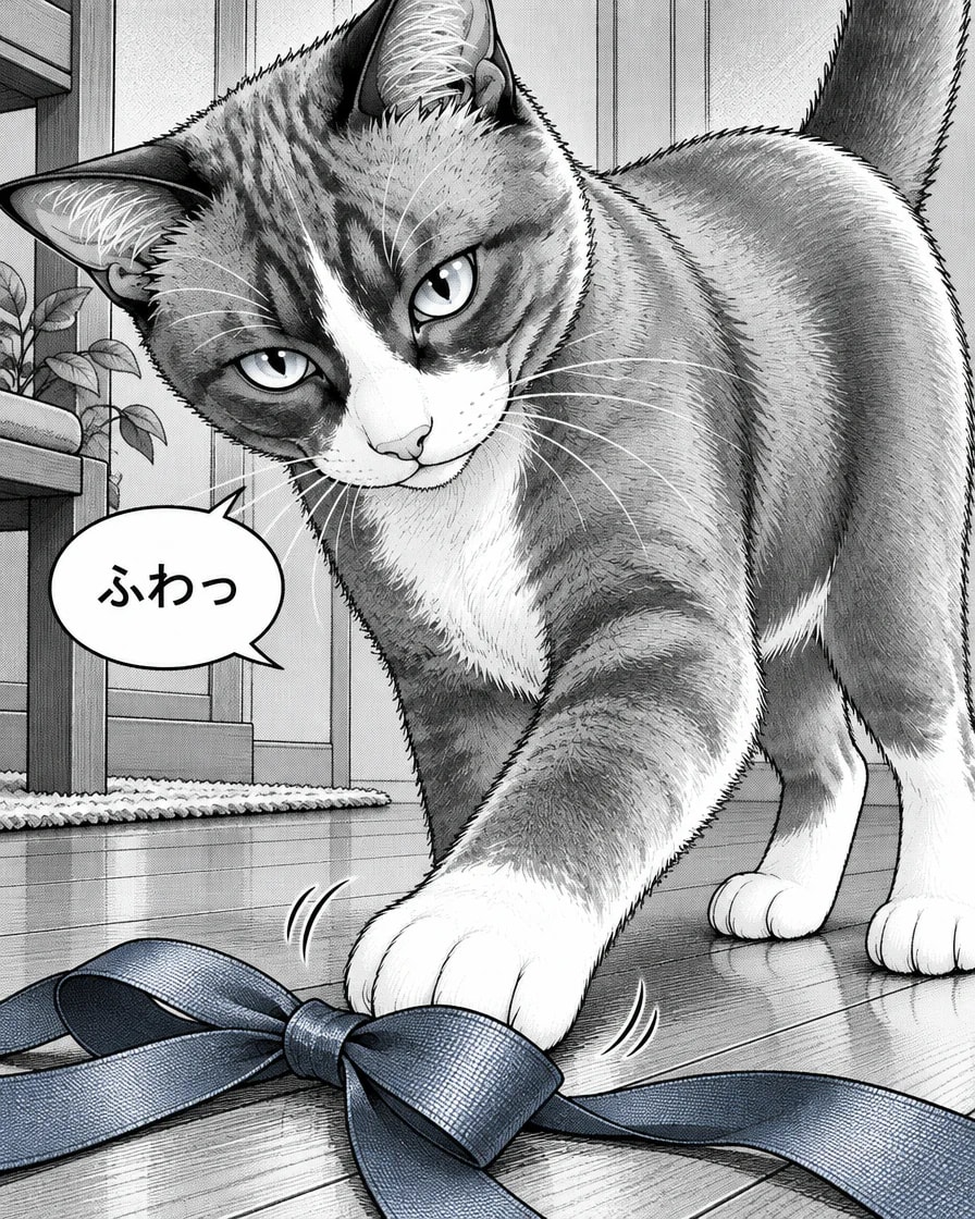 Brownyが前足をリボンの結び目に置き、ふわっと言う日本語2コマ目