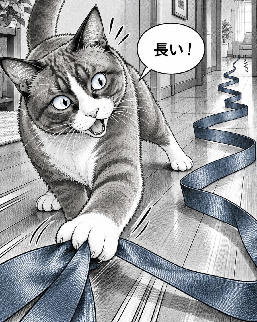 Brownyが長いリボンを前足で引き、長い!と驚く日本語3コマ目