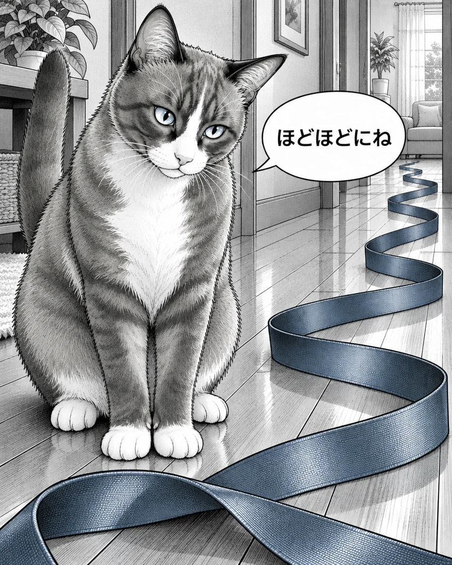 長いリボンの横に座ったBrownyが、ほどほどにねと言う日本語4コマ目