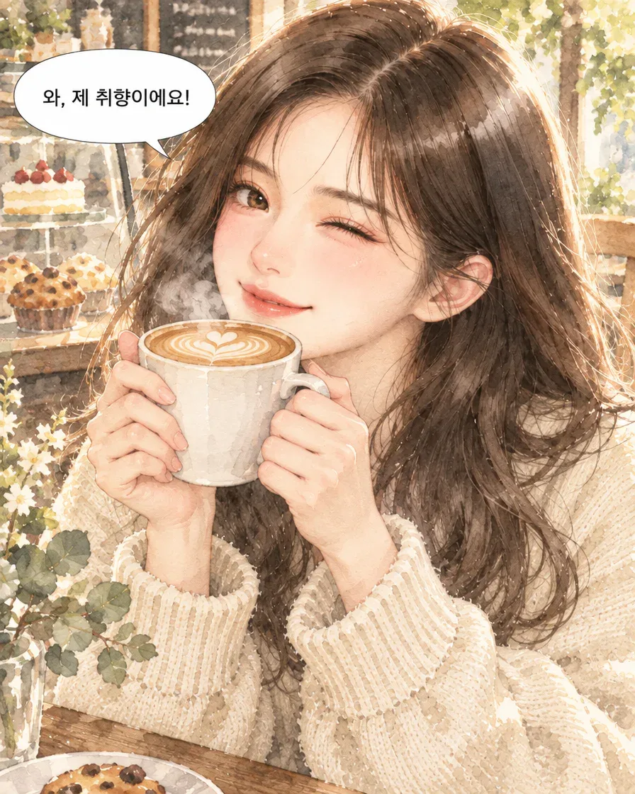 가상 카페에서 손님에게 커피를 추천하는 장면, 4컷 중 3번째