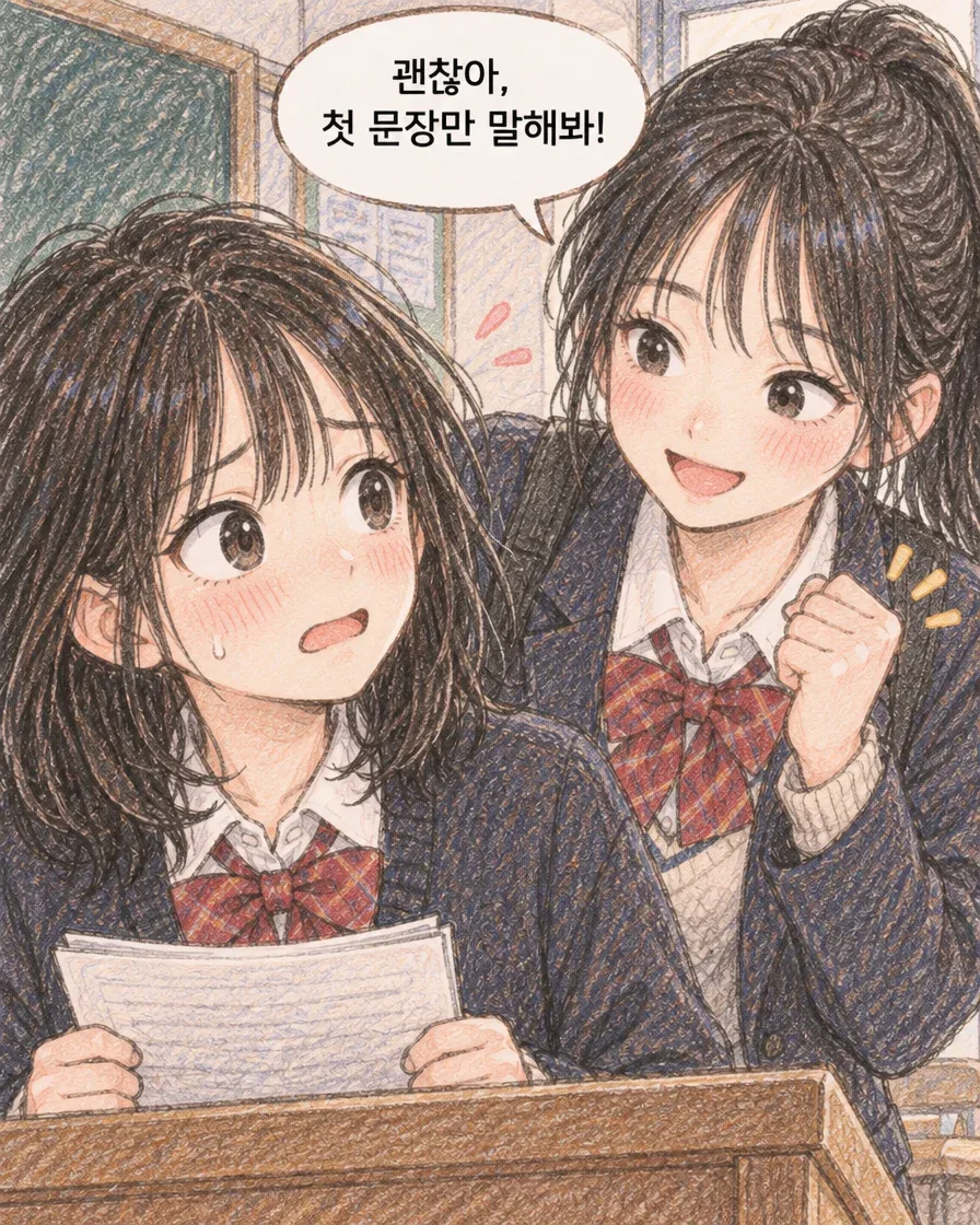 발표를 앞둔 소라와 친구의 응원, 4컷 중 2번째