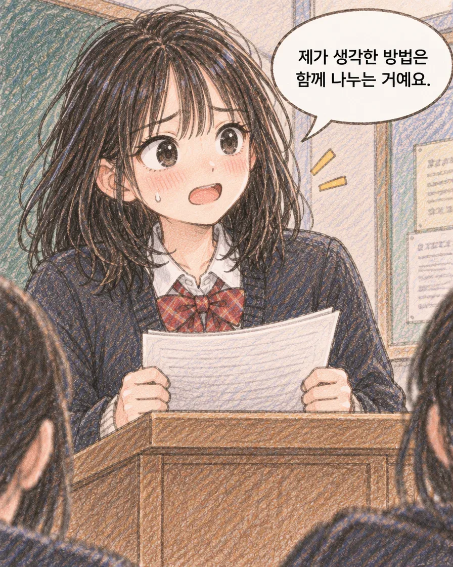 발표를 앞둔 소라와 친구의 응원, 4컷 중 3번째