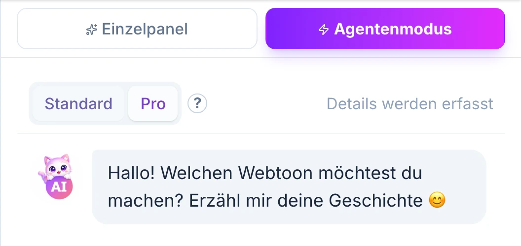 Vorhandene deutsche GenToon-Studioaufnahme mit Einzelpanel, Agentenmodus sowie Standard- und Pro-Auswahl.