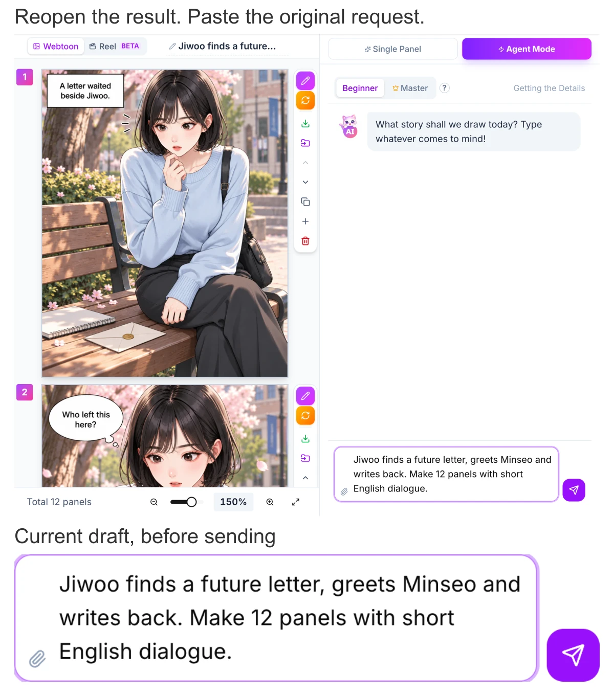 The completed English letter project reopened in GenToon Studio, with its original request pasted into the current unsent input.