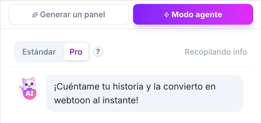 Captura real en español de GenToon Studio con el modo Agente y las opciones de calidad Estándar y Pro.