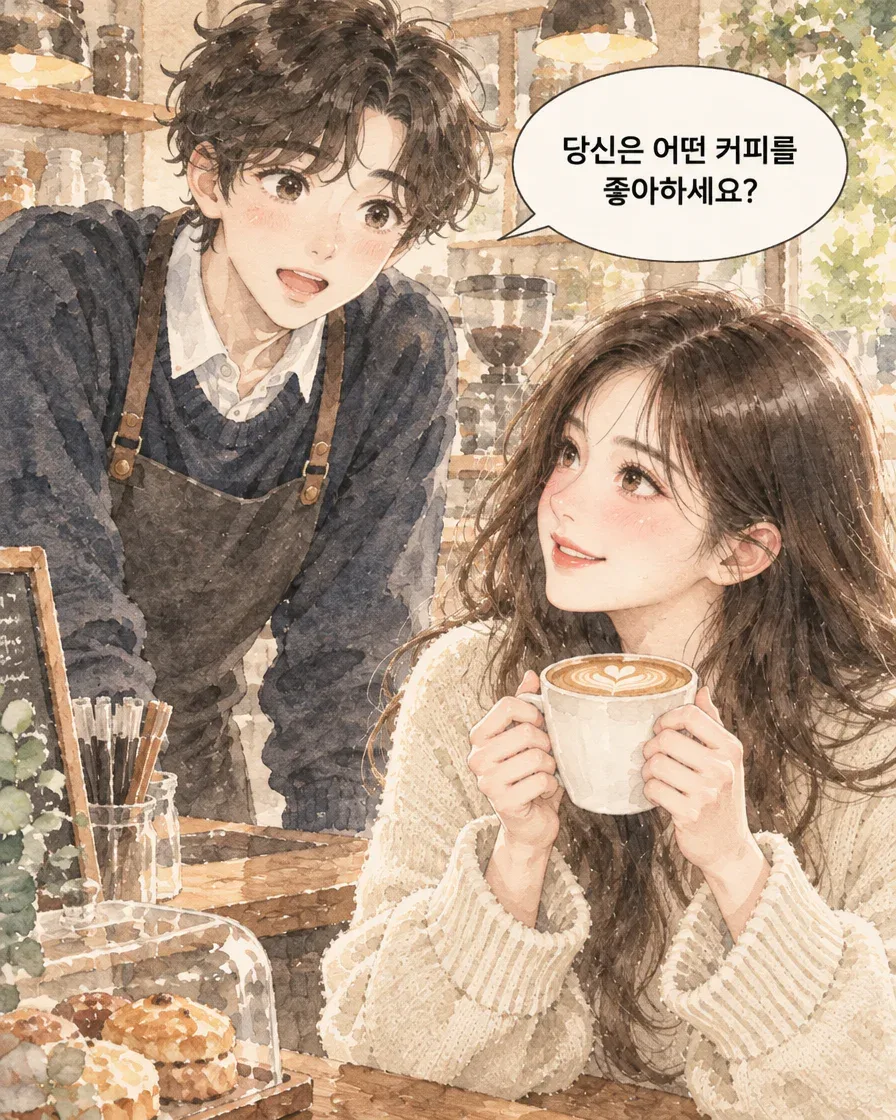 가상 카페 사장이 라떼를 든 손님과 함께 독자에게 커피 취향을 묻는 실제 마지막 컷
