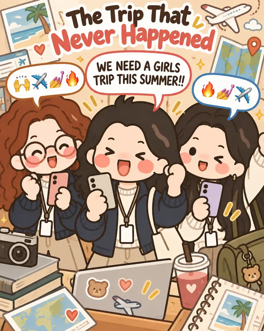 Comic cover titled The Trip That Never Happened: three friends cheering at their phones, one bubble says We need a girls trip this summer!!