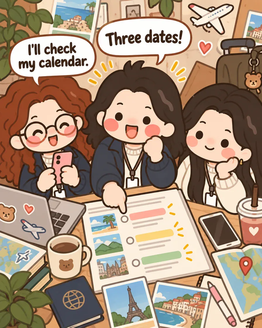 Panel 2: three friends around a table with a shared travel doc; one points at three destinations and says Three dates!, another holds her phone and says I’ll check my calendar.