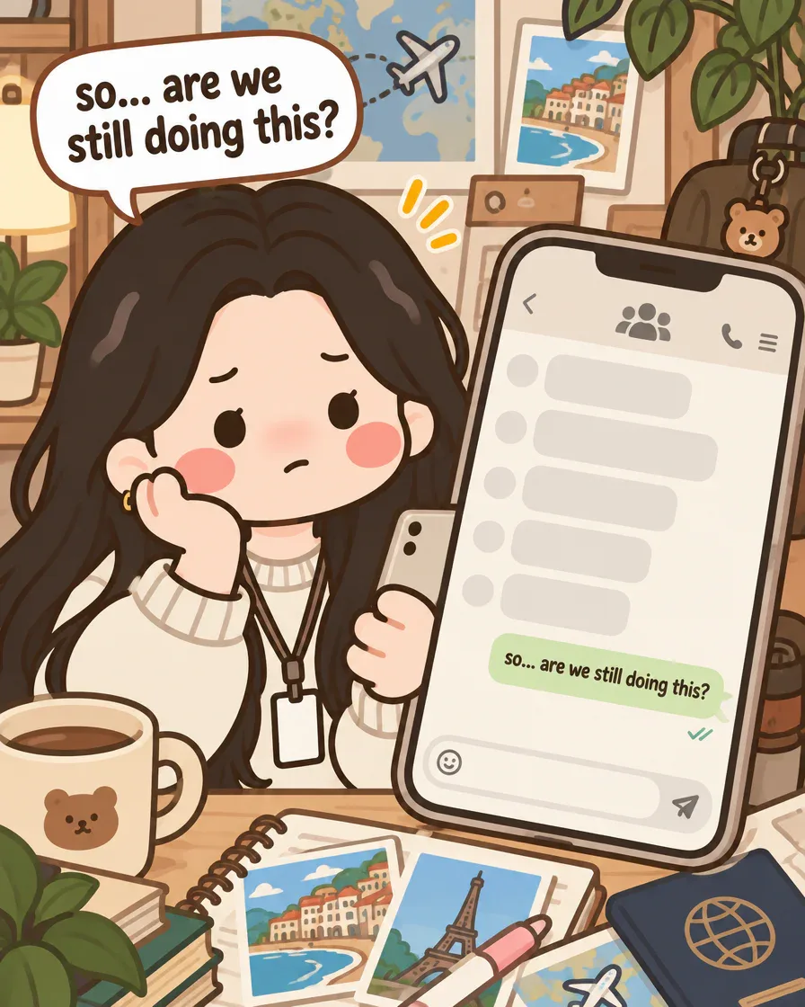 Panel 3: a friend alone with her phone; the chat is empty except for so… are we still doing this?