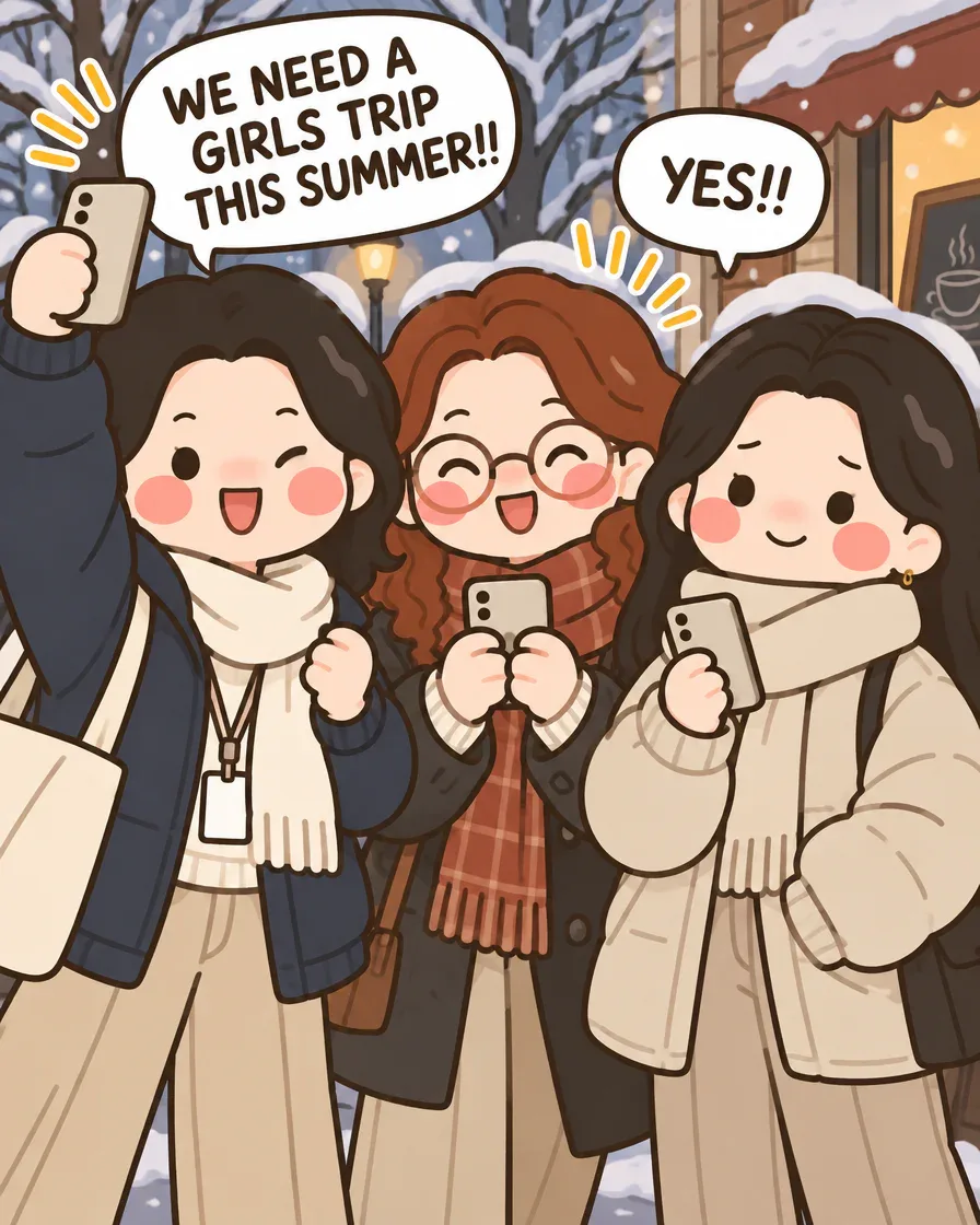 Panel 4: the same friends in winter coats in the snow, cheering We need a girls trip this summer!! and YES!!
