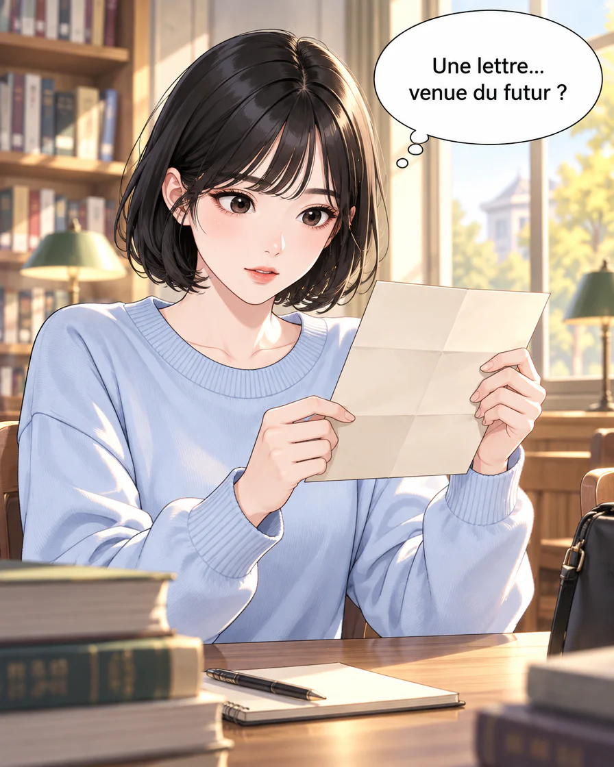 Jiwoo tient une lettre et pense: «Une lettre… venue du futur?» dans une salle aux étagères de livres.
