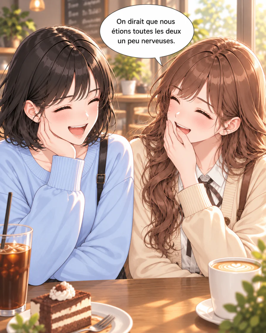 Jiwoo et Minseo rient ensemble; Minseo dit qu’elles étaient toutes les deux nerveuses.