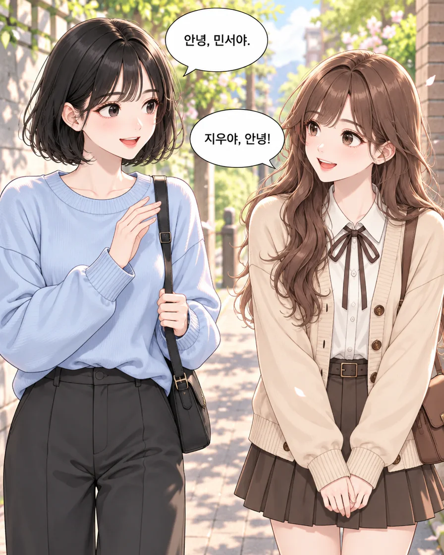 답장 다음 날 산책길에서 저장 캐릭터 지우와 민서가 이름을 부르며 인사하는 실제 후속 첫 컷