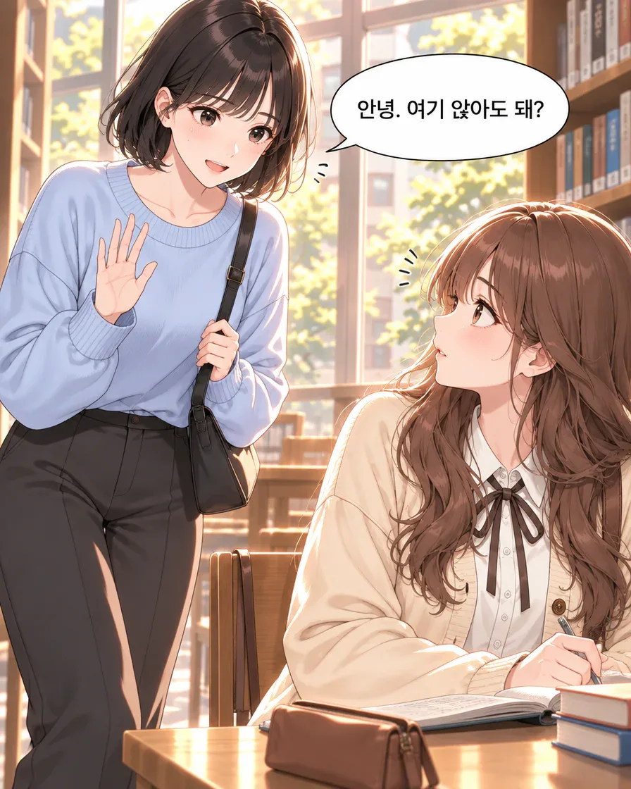 지우가 민서에게 손을 들어 인사하며 여기 앉아도 되는지 묻는 여섯 번째 컷