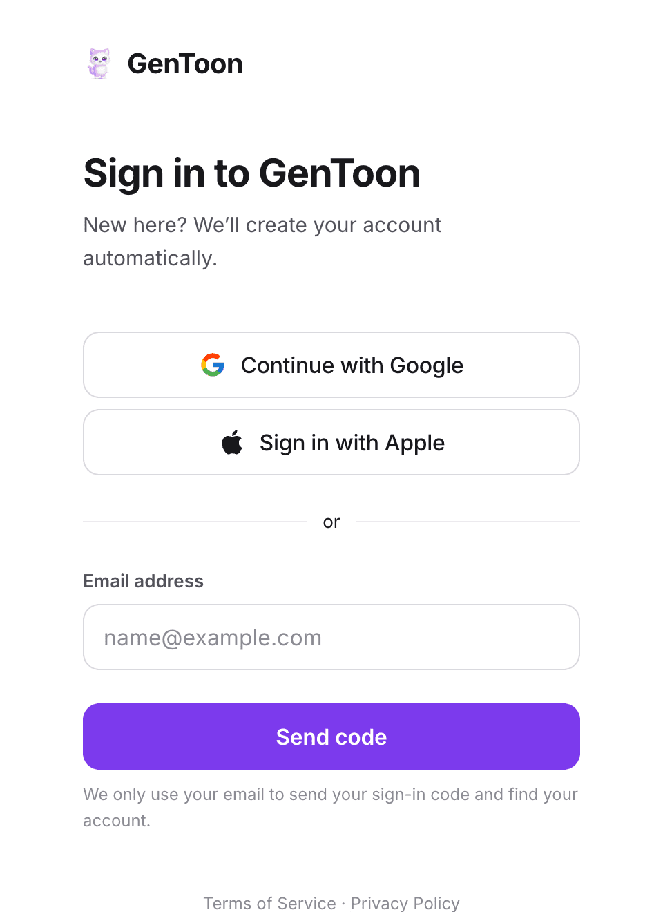 Actual GenToon social sign-in and email-code screen