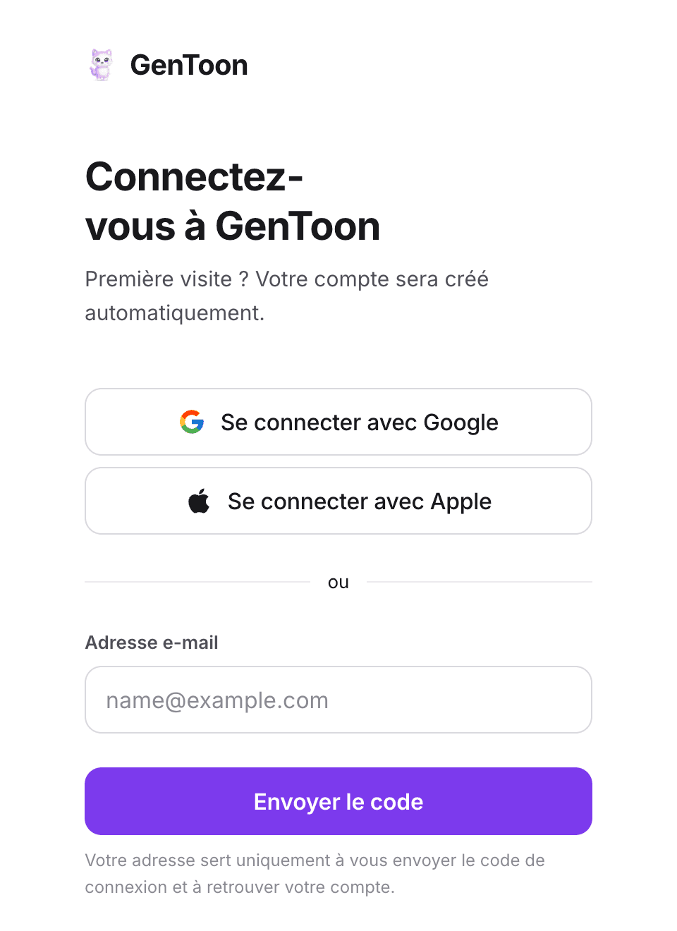 Écran réel de connexion sociale et par code e-mail GenToon