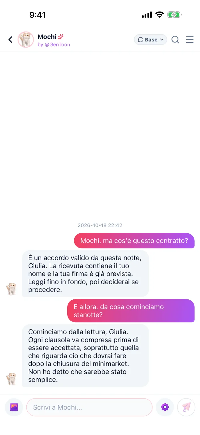 Chat con il personaggio · Schermata reale dell’app GenToon