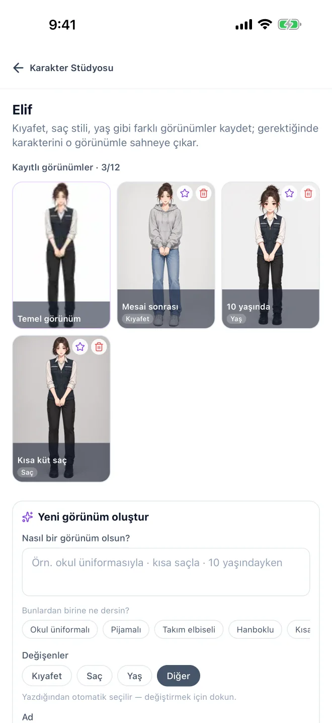 Karakterler · GenToon uygulamasından gerçek ekran görüntüsü