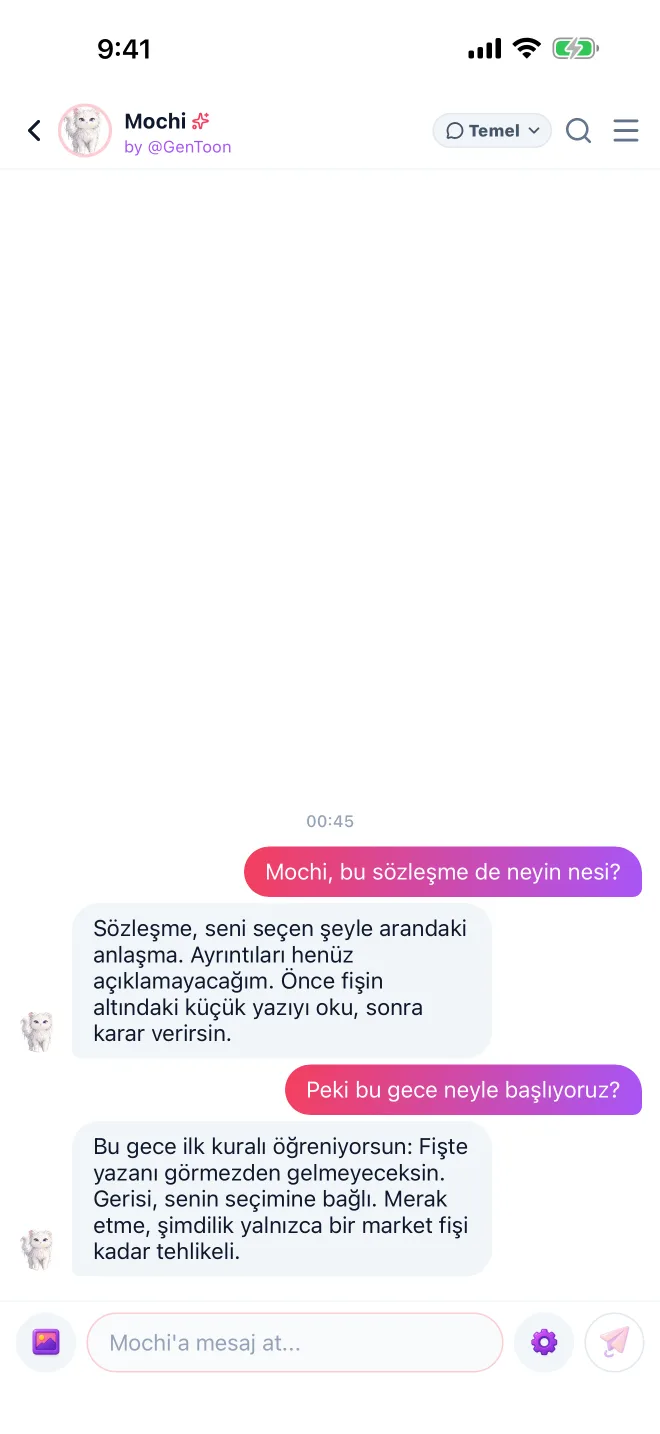 Karakter sohbeti · GenToon uygulamasından gerçek ekran görüntüsü