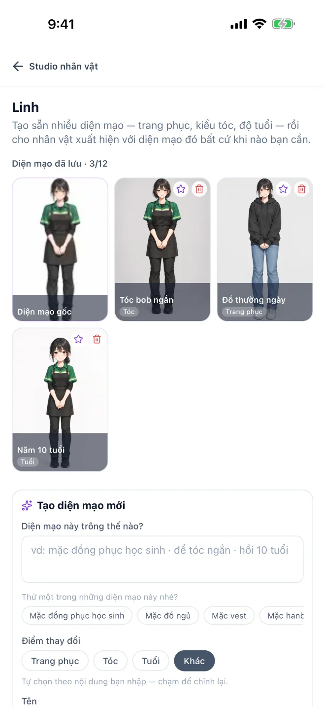 Nhân vật · Màn hình ứng dụng GenToon thực tế