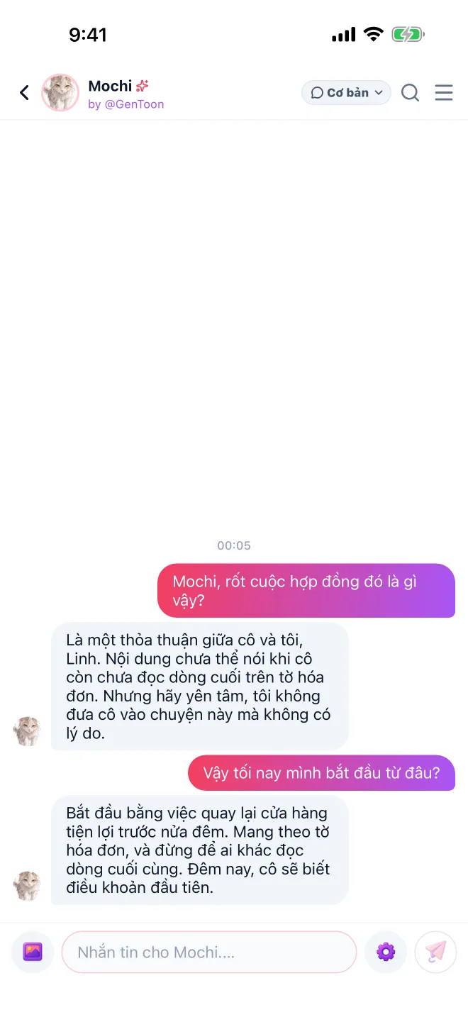 Chat với nhân vật · Màn hình ứng dụng GenToon thực tế
