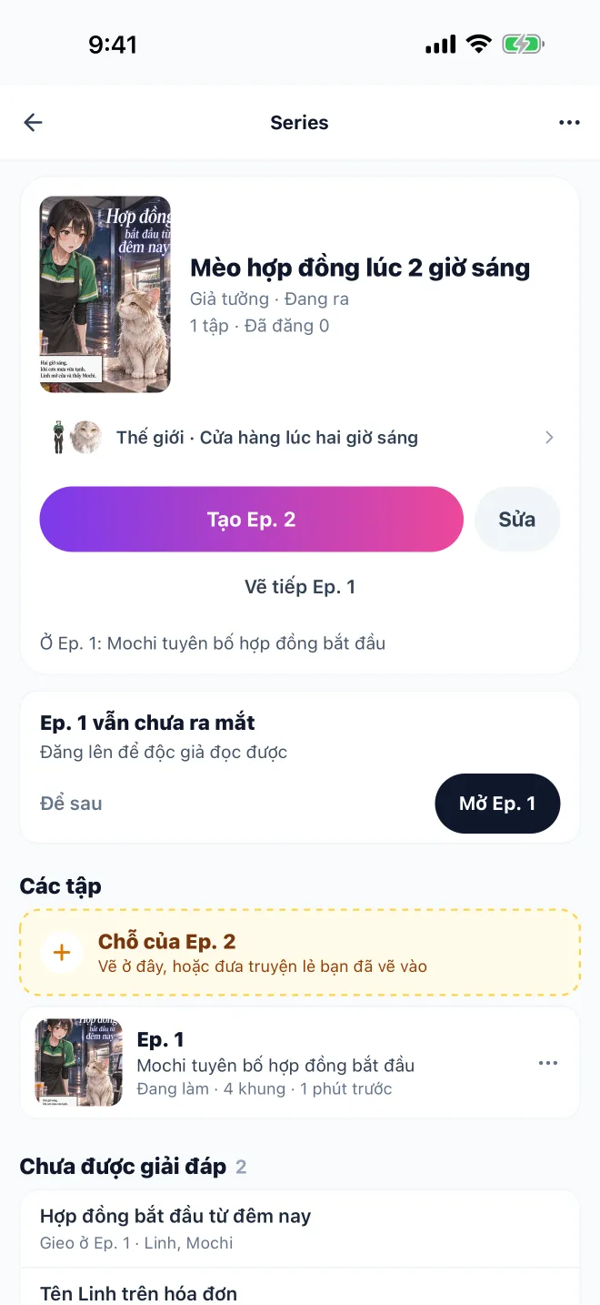 Bộ truyện · Màn hình ứng dụng GenToon thực tế